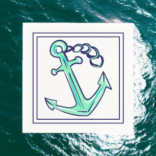 Navy Green Anchor Nautical Coastal Napkin
