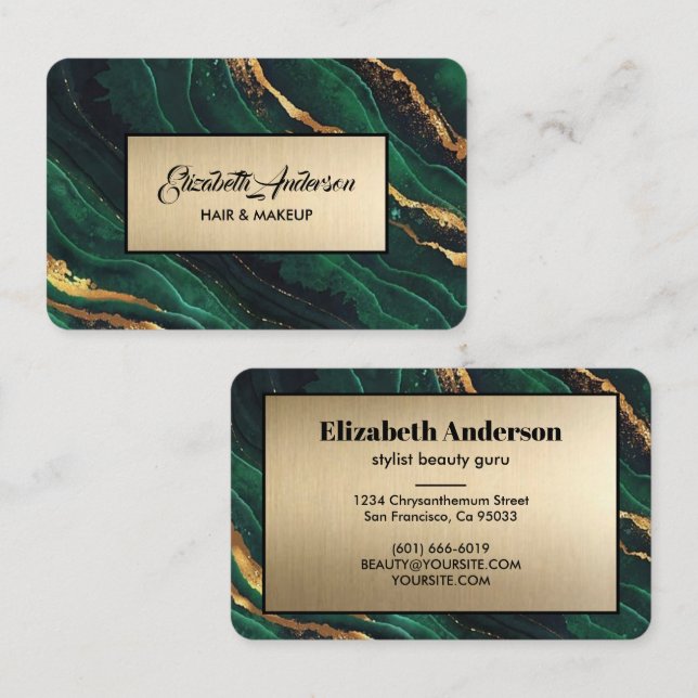 Navy Green and Gold Glitter Marble Agate Modern  B Business Card (Front/Back)