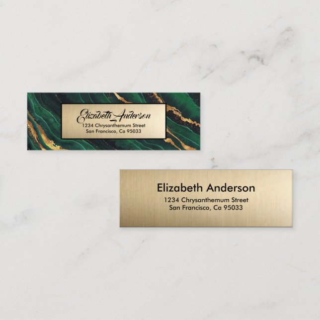 Navy Green and Gold Glitter Marble Agate Modern  Mini Business Card (Front/Back)