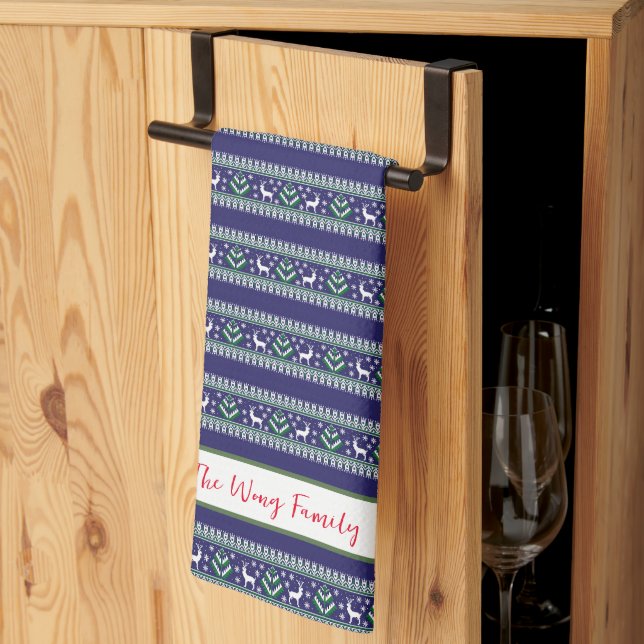 Navy Green and White Fair Isle Christmas Tea Towel (Thirds Fold)