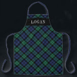 Navy Green Black Watch Plaid Personalised Holiday Apron<br><div class="desc">Festive seasonal holiday apron features a classic navy blue,  hunter green,  and black watch Scottish tartan plaid pattern with white serif monogram text that can be personalised with a name. Whether you're cooking Christmas dinner,  baking holiday cookies,  or doing dishes,  you'll look stylish this holiday season!</div>