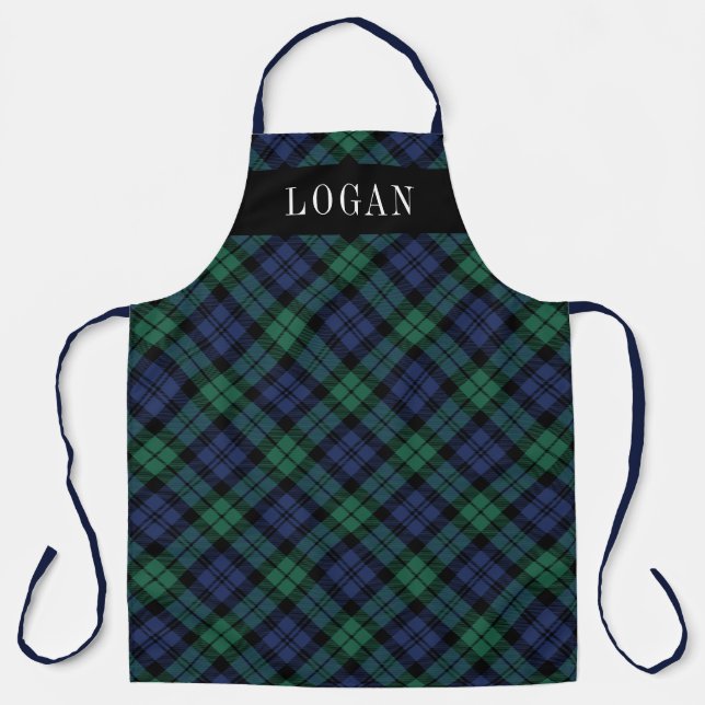 Navy Green Black Watch Plaid Personalised Holiday Apron (Front)