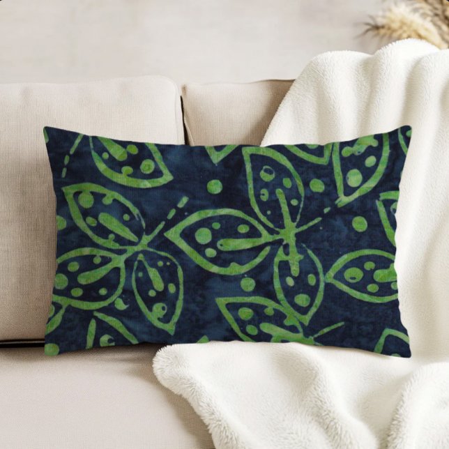 Navy Green Foliage Boho Batik Look Decorative Cushion (Creator Uploaded)