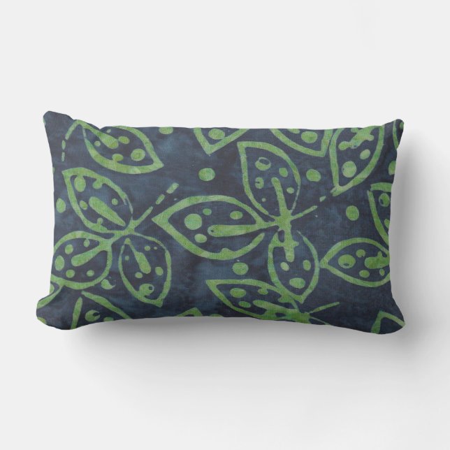 Navy Green Foliage Boho Batik Look Outdoor Lumbar Cushion (Front)