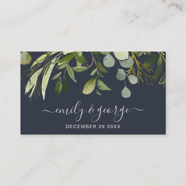 NAVY GREEN FOLIAGE WATERCOLOR WEDDING WEBSITE BUSINESS CARD (Front)