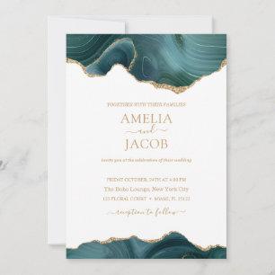 Navy Green & Gold Foil Agate Invitation modern