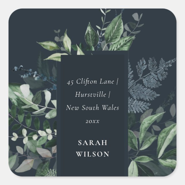 Navy Green Gold Greenery I have Moved Address Square Sticker (Front)