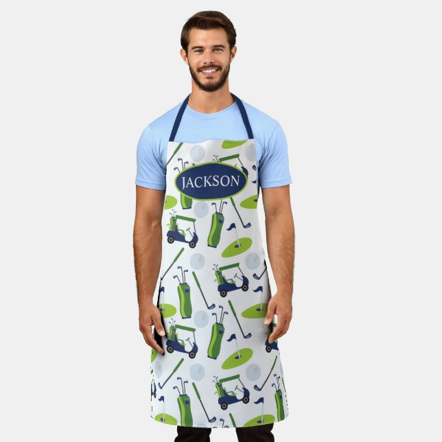 Navy & Green Golf Personalised Apron (Worn)