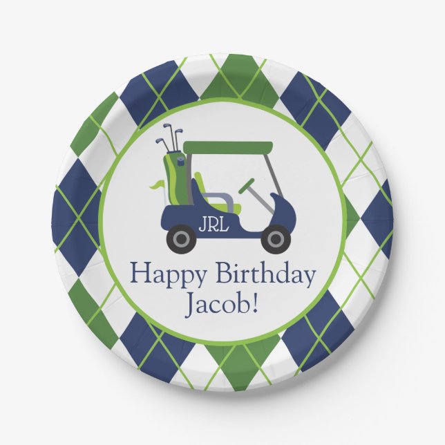 Navy & Green Golf Personalised Party Plates (Front)
