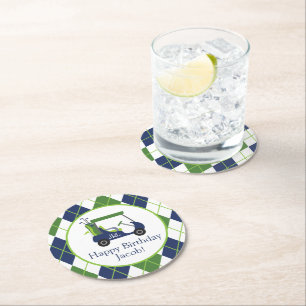 Navy & Green Golf Personalised Round Paper Coaster