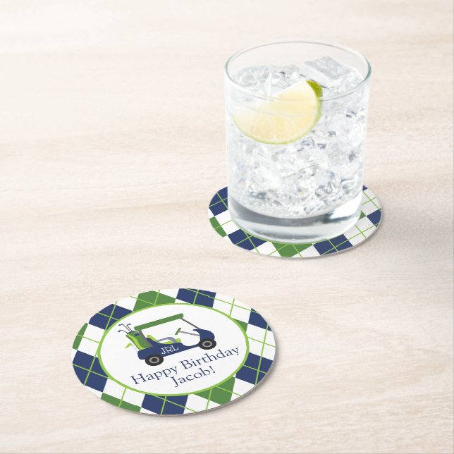 Navy & Green Golf Personalised Round Paper Coaster (Insitu)