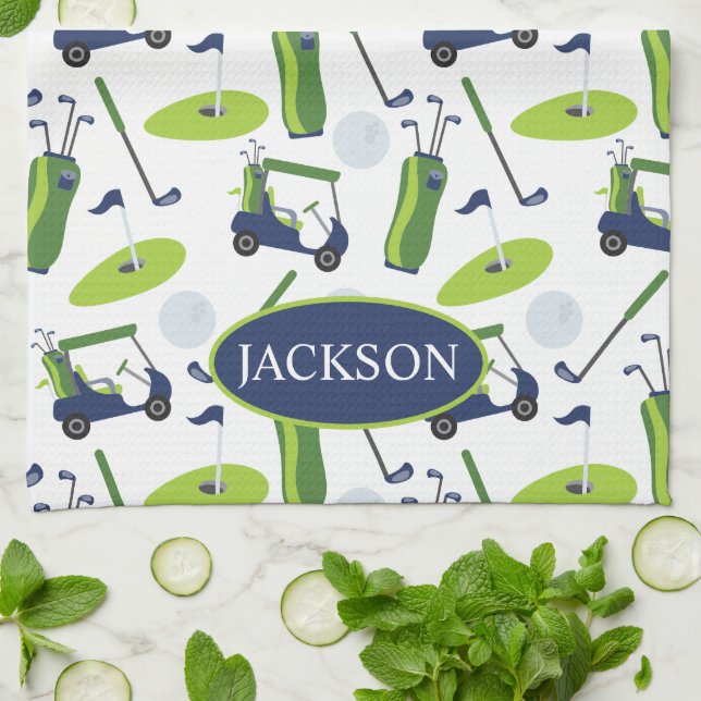 Navy & Green Golf Personalised Tea Towel (Folded)