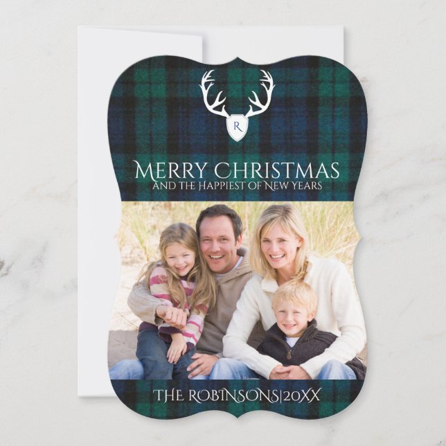 Navy Green Plaid Country Christmas Photo Card (Front)