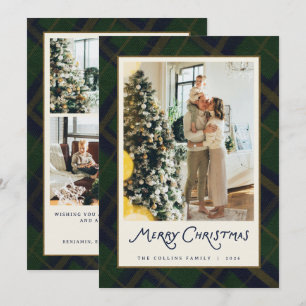 Navy & Green Plaid Merry Christmas Family Photo Holiday Card