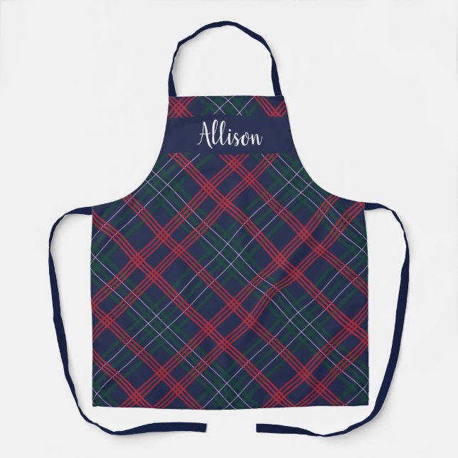 Navy Green Red Tartan Plaid Personalised Holiday Apron (Front)