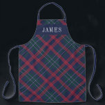 Navy Green Red Tartan Plaid Personalised Holiday Apron<br><div class="desc">Seasonal holiday apron features a classic navy blue,  hunter green,  red,  and white Scottish tartan plaid pattern with white serif monogram text that can be personalised with a first name. Whether you're cooking Christmas dinner,  baking holiday cookies,  or doing dishes,  you'll look stylish this holiday season!</div>