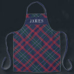 Navy Green Red Tartan Plaid Personalised Holiday Apron<br><div class="desc">Seasonal holiday apron features a classic navy blue,  hunter green,  red,  and white Scottish tartan plaid pattern with white serif monogram text that can be personalised with a first name. Whether you're cooking Christmas dinner,  baking holiday cookies,  or doing dishes,  you'll look stylish this holiday season!</div>