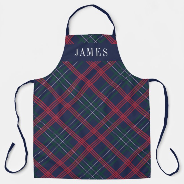 Navy Green Red Tartan Plaid Personalised Holiday Apron (Front)