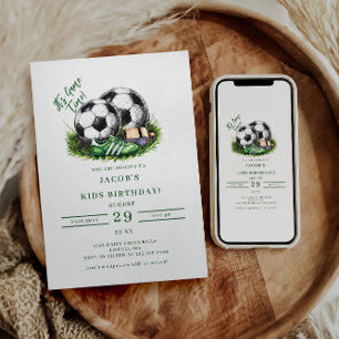 Navy green Soccer Kids Watercolo Invitation