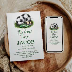 Navy green Soccer Kids Watercolor Invitation