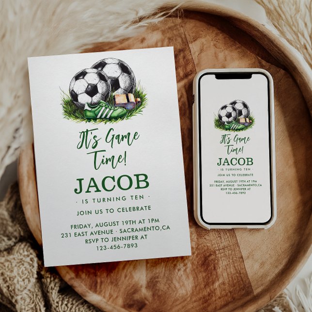 Navy green Soccer Kids Watercolor Invitation (Creator Uploaded)