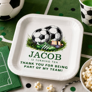 Navy green Soccer Kids Watercolor Paper Plate