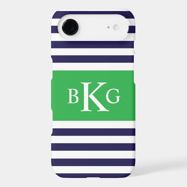 Navy Green Stripes Monogram Case-Mate iPhone Case (Back)