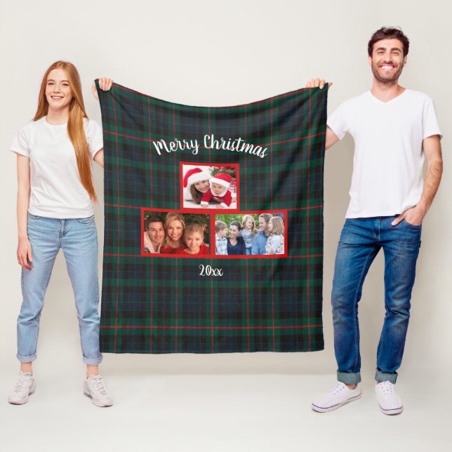 Navy Green Tartan Plaid Merry Christmas Photo Fleece Blanket (In Situ)
