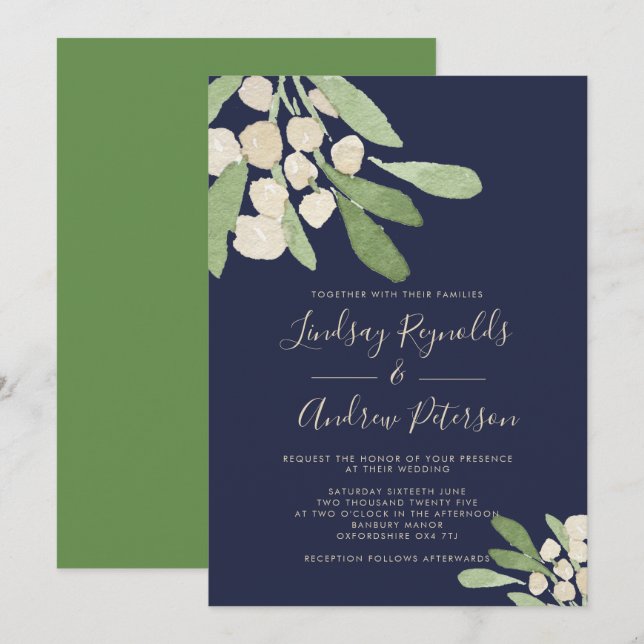 Navy & Green Watercolor Mistletoe Wedding Invitation (Front/Back)