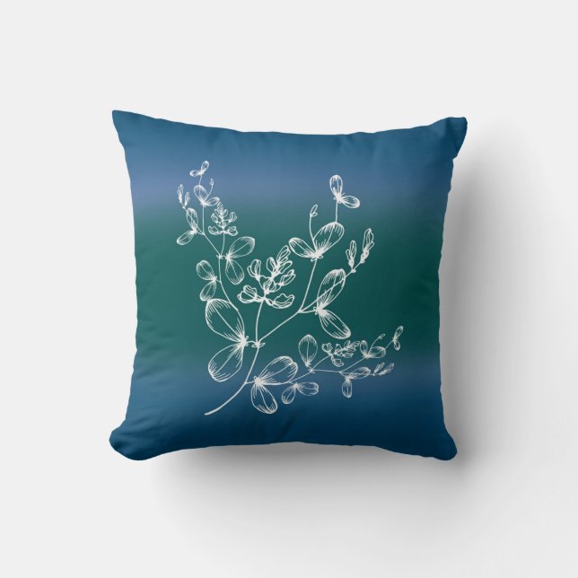Navy & Green Watercolor Wide Stripes Wildflowers Cushion (Front)