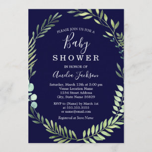 Navy Green Watercolor Wreath Boy Baby Shower Invitation