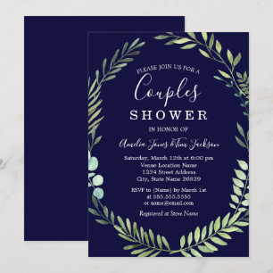 Navy Green Watercolor Wreath Couples Shower Invitation