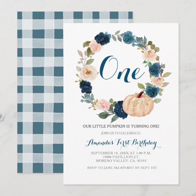  Navy Greenery Fall White Pumpkin 1st Birthday Invitation (Front/Back)
