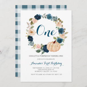 Navy Greenery Fall White Pumpkin 1st Birthday Invitation