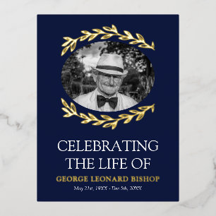 Navy Greenery Frame Oval Photo Funeral Gold Foil Invitation Postcard