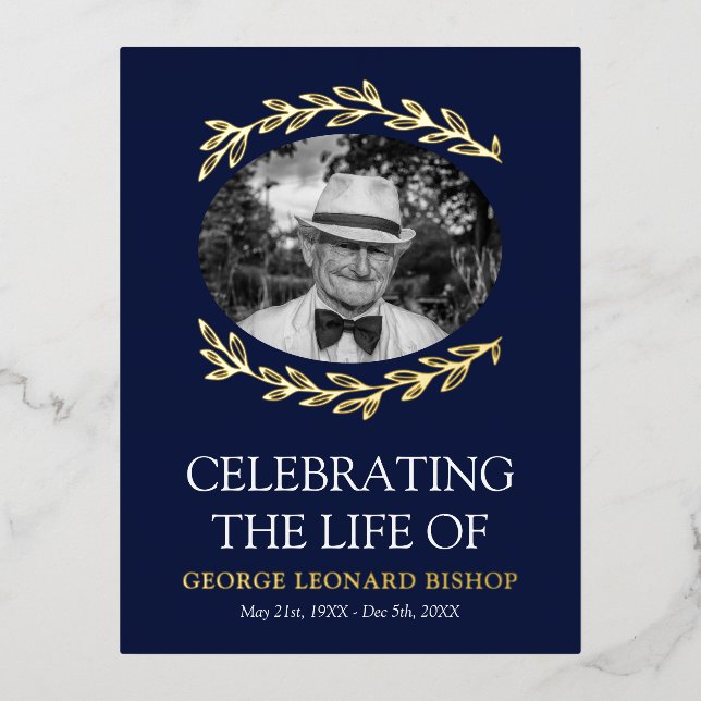 Navy Greenery Frame Oval Photo Funeral Gold Foil Invitation Postcard (Front)