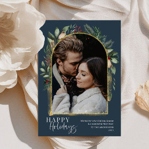 Navy Greenery Gold Arch Trendy Script Photo Holiday Card