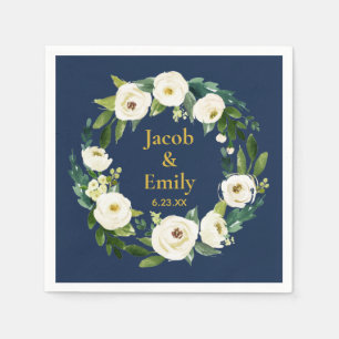 Navy Greenery Gold Personalised Names Date Wedding Napkin