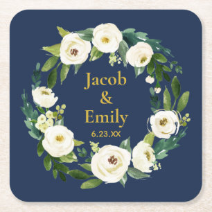 Navy Greenery Gold Personalised Names Date Wedding Square Paper Coaster