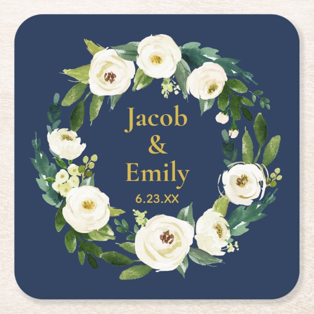Navy Greenery Gold Personalised Names Date Wedding Square Paper Coaster (Front)