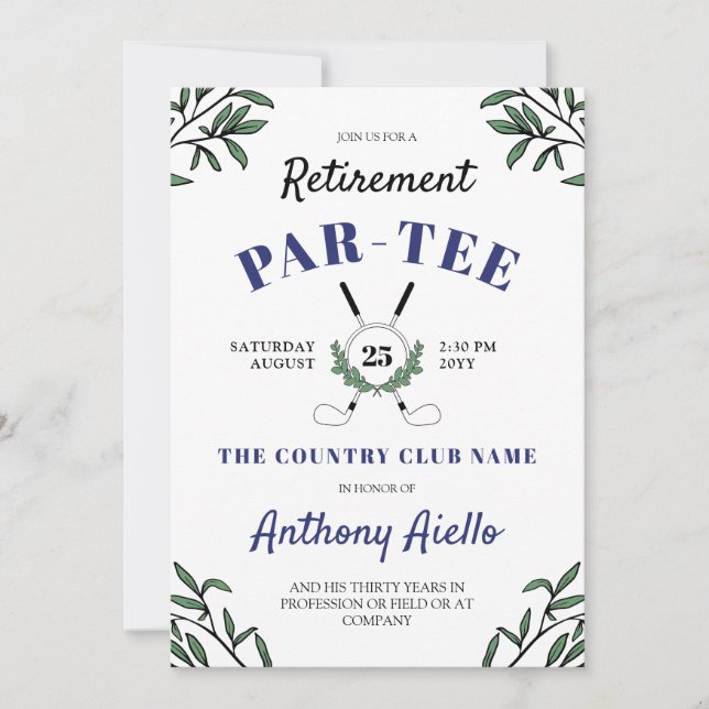 Navy Greenery Golf Themed Retirement Party Invitation (Front)