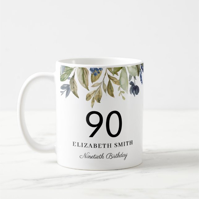 Navy Greenery Leaves Personalised 90th Birthday Coffee Mug (Left)
