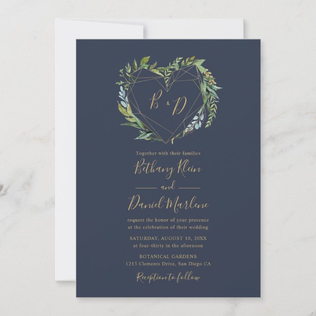 Navy Greenery with Geometric Heart Wedding Invitation (Front)