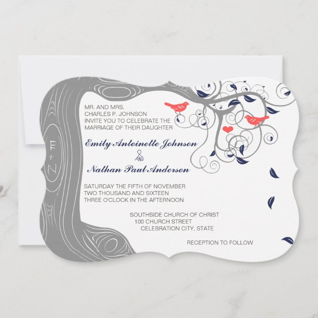 Navy Grey and Coral Initials in Trunk Love Bird Invitation (Front)