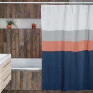 Navy, Grey Coral Colorblock Stripes Shower Curtain
