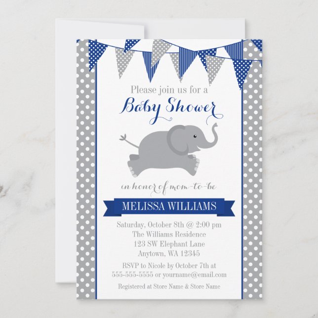 Navy Grey Elephant Polka Dot Bunting Baby Shower Invitation (Front)