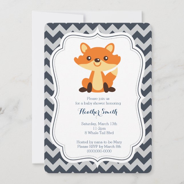 Navy Grey Fox Baby Shower Invitation (Front)