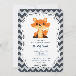 Navy Grey Fox Baby Shower Invitation