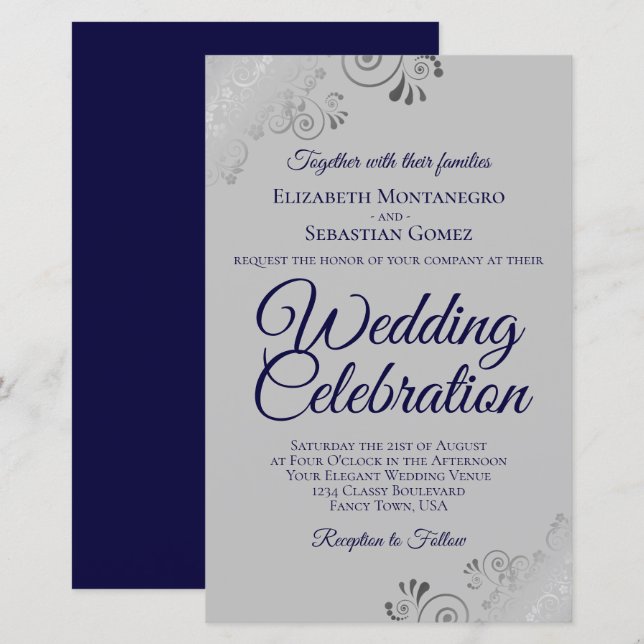 Navy & Grey Frilly BUDGET Wedding Invitation Large (Front/Back)