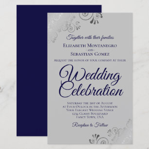 Navy & Grey Frilly BUDGET Wedding Invitation Large